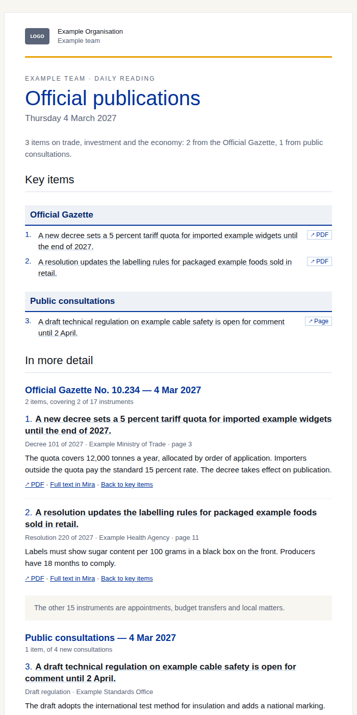 Example of the email: Official publications (4 Mar 2027): 2 items from the Official Gazette, 1 from public consultations