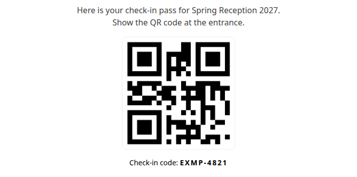 Example of the email: Your pass for Spring Reception 2027