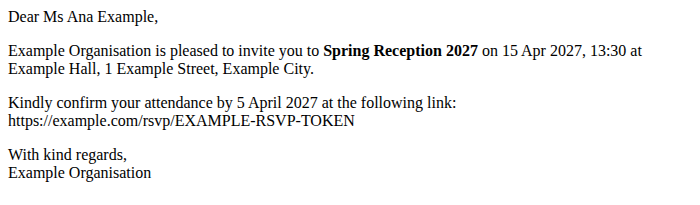 Example of the email: Invitation: Spring Reception 2027
