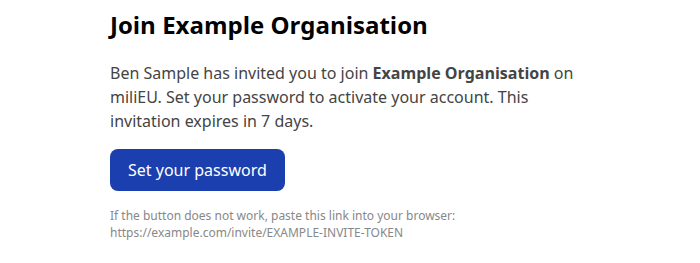 Example of the email: You're invited to Example Organisation on miliEU