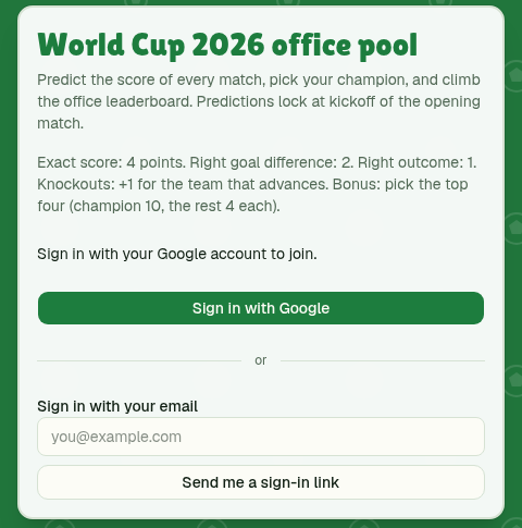 Office football pool sign-in screen